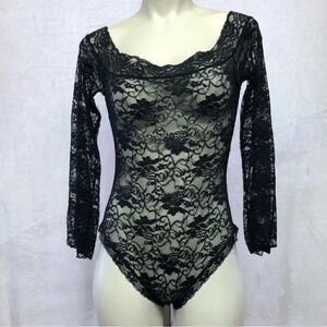 Black Full Lace Long Sleeve Bodysuit Size S/M